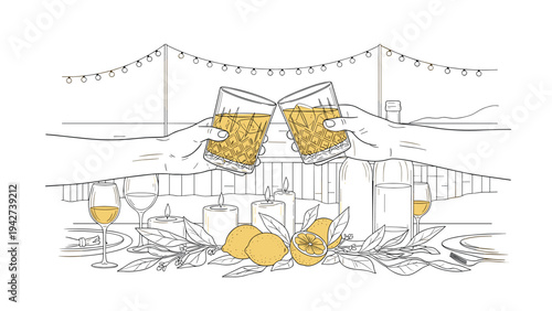 Celebratory toast with whiskey glasses under festive string lights