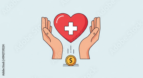 Hands holding red heart with medical cross and dollar coin symbolizing healthcare and finance