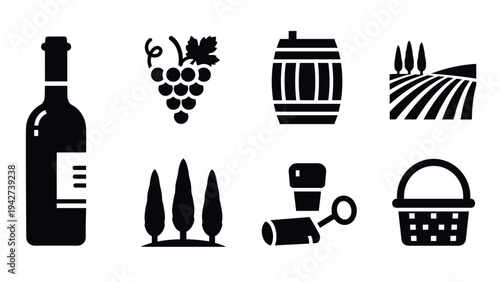Wine-themed icons set including bottle, grapes, barrel, vineyard, trees, corkscrew, and basket