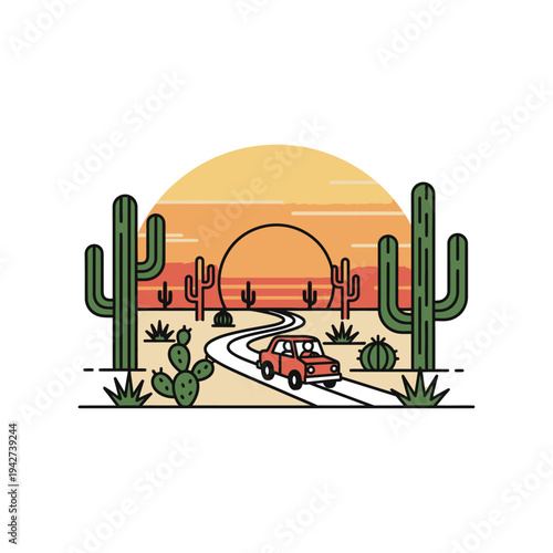 Red Car Driving on Desert Road Surrounded by Cacti.