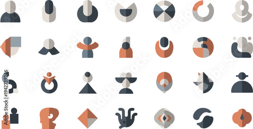 Abstract geometric shapes and stylized human figures in muted colors