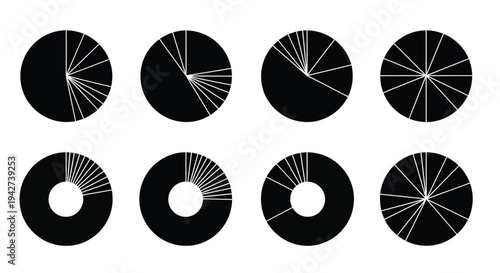 Black and white vector illustration of different pie and donut charts for statistical data visualization.