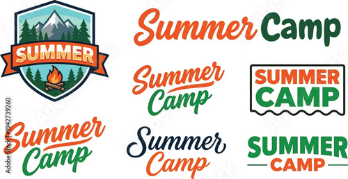 Colorful summer camp logos collection with bold text and iconic designs.