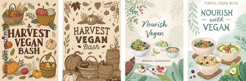 Colorful vegan recipe cards featuring seasonal produce and delicious dishes.