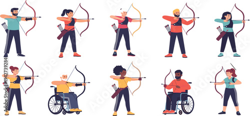 Diverse Archery People Character Set with Male Female and Disabled Archers Holding Bows and Arrows in Flat Cartoon Style for Sports Illustration