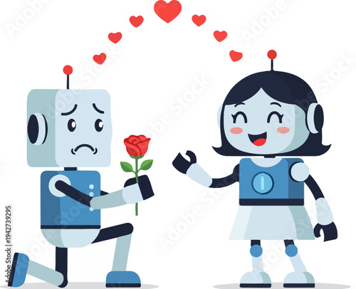 Cute blue and white robot couple in love, male robot proposing with a red rose to a happy female robot, surrounded by floating red hearts, vector illustration.