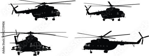 Silhouettes of helicopters in multiple orientations with rotors, landing wheels, tail fins, and cockpit details, aviation illustration for transport, 