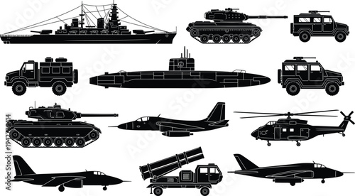Silhouettes of military vehicles and equipment including battleship, tanks, armored trucks, submarine, helicopter, fighter jets, missile launcher, and bomber aircraft, defense technology illustration 