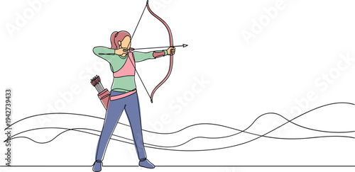 Female Archer Aiming with Bow and Arrow Flat Vector Illustration for Archery Sport, Outdoor Activity, Competition Training and Target Practice Design