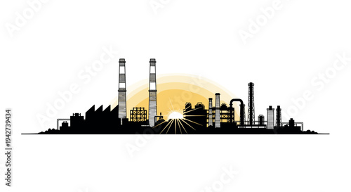 Industrial factory skyline at sunset with silhouette design and smokestacks