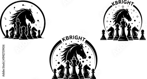 Set of 3 KBRIGHT Chess Horse Logos Vector Illustrations for Strategy, Business, and Gaming Concepts with Chess Pieces