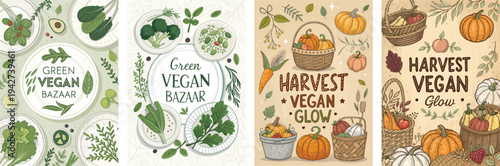 Colorful illustrations promoting a Green Vegan Bazaar and Harvest Vegan Glow.