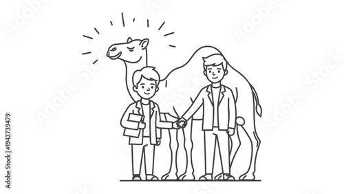 Man and Camel: A simple line drawing depicting two young men standing next to a camel, conveying a sense of companionship and exploration.