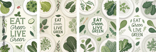 Vibrant plant-based illustrations with 'Eat Green, Live Green' text.