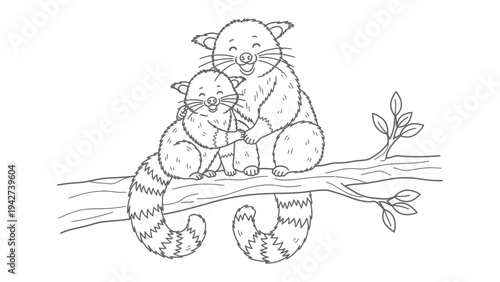 Two Adorable Raccoons Hugging on a Tree Branch: A charming illustration depicting two cute raccoons, one larger than the other, sitting closely on a tree branch, embracing each other warmly.