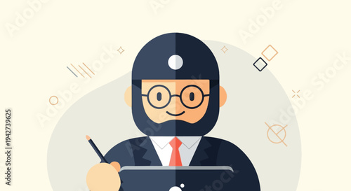 Bearded man in glasses and suit drawing on tablet