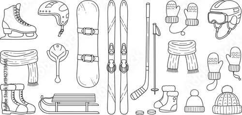Winter Sports Line Icon Set with Skis, Snowboard, Ice Skates, Hockey Stick, Helmet, Mittens and Cold Weather Equipment Vector Collection