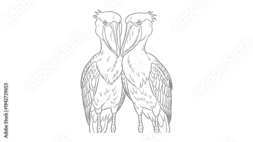 Shoebill Stork Illustration: A striking monochrome illustration of two Shoebill storks facing each other, showcasing their unique appearance and large beaks.