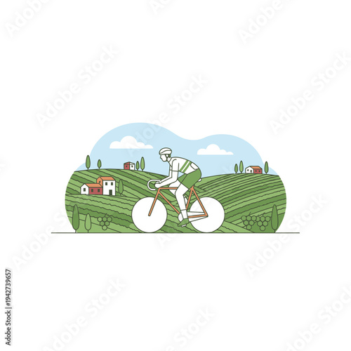 Man cycling through scenic countryside landscape illustration.