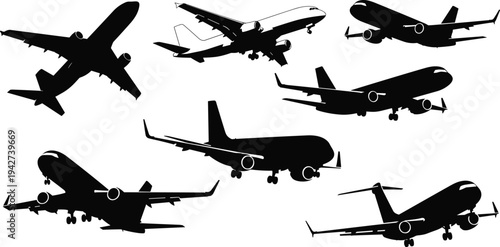 Silhouettes of multiple commercial airplanes with landing gear extended during takeoff and landing, aviation aircraft collection for travel, transportation, flight industry, and educational design use
