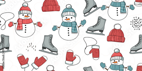 Seamless Winter Pattern with Snowman, Ice Skates, Mittens and Knitted Hats Cute Christmas Holiday Background for Wrapping Paper, Fabric and Textile Design