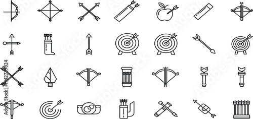 Archery and Bow Hunting Line Icon Set with Arrows, Target, Crossbow, Quiver and Equipment Vector Collection for Sport, Competition and Outdoor Design