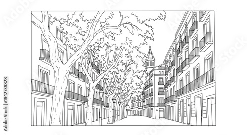 Urban street with trees and historical architecture in linear art