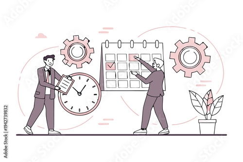Professional business team managing time and tasks with gears,
Professional Human Resources Illustration.
clock, calendar, and checklist. 
Concept of effective planning, productivity, 
Efficiency at w