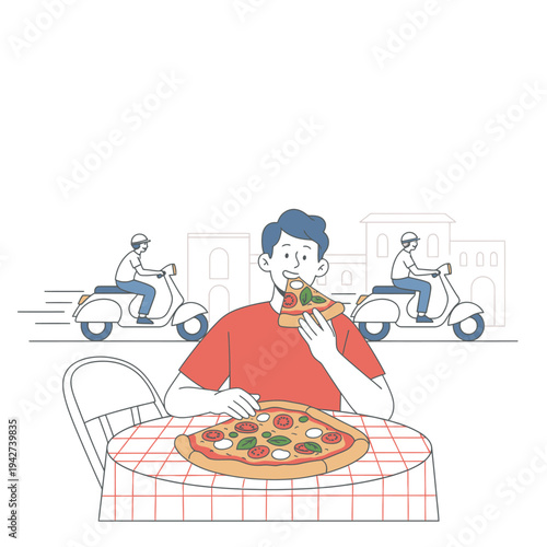 Man eating delicious pizza at table with delivery scooters in background.