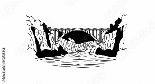 Arch bridge spanning a river between rocky cliffs with trees