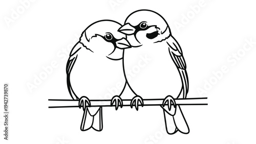 Sweet Sparrow Couple: Two delicate sparrows perched intimately on a slender branch, their forms rendered in a clean, minimalist style, emphasizing the tender bond of companionship. 