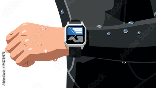 Fitness tracker smartwatch on wrist with water droplets