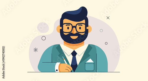 Bearded man in glasses and suit writes with pencil, stylized background