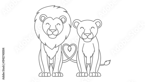 Lion couple line art: A majestic lion and a graceful lioness stand side-by-side, their tails intertwined to form a heart, a symbol of eternal love. The simple line art enhances the connection.