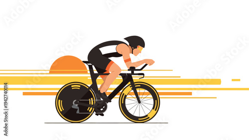Cyclist in dynamic action against sunset in flat design