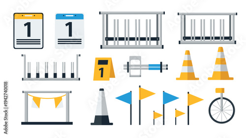 Flat design event equipment set featuring barriers, cones, and flags for organized outdoor activities