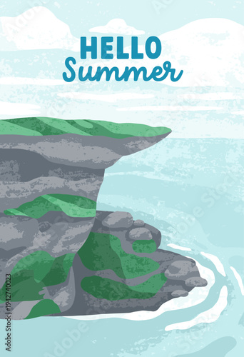 Nature landscape, calm sea and rock cliff, card design. Hello Summer poster w...