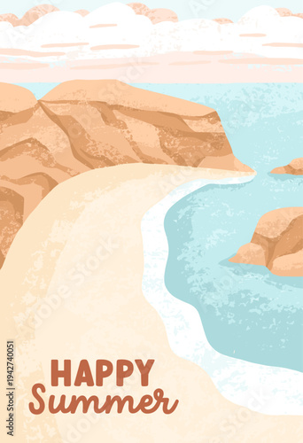 Summer nature landscape card. Empty beach, sea coast and sand. Holiday travel poster with ocean water, sandy shore, seacoast, sky. Peaceful seaside place, postcard design. Flat vector illustration