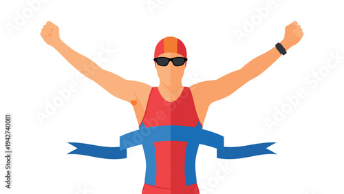 Triathlon champion crossing finish line in flat design