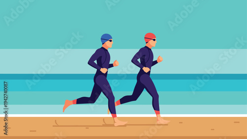 Triathletes in dynamic motion on beach with vibrant background in flat style