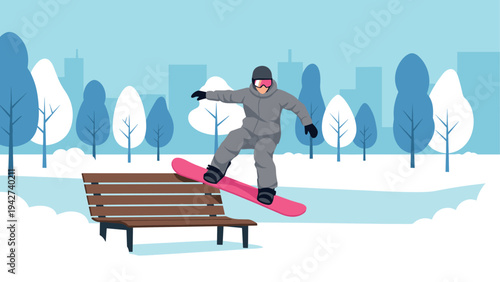 Winter snowboarder jumping over park bench in cityscape