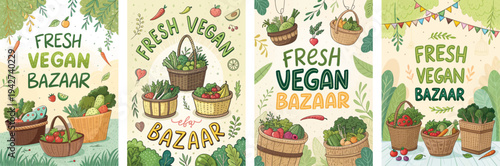Colorful illustrations promoting a fresh vegan bazaar with baskets of produce.