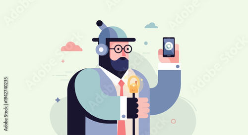 Bearded man in glasses, headphones, holding phone and glowing lightbulb