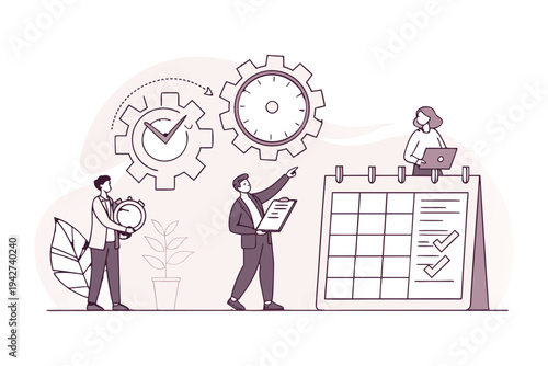 Professional business team managing time and tasks with gears,
Professional Human Resources Illustration.
clock, calendar, and checklist. 
Concept of effective planning, productivity, 
Efficiency at w