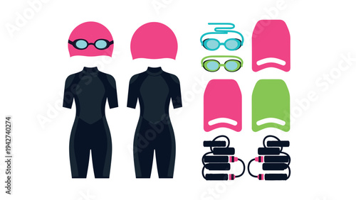 Swim gear collection with wetsuits, goggles, caps, and snorkels in flat design