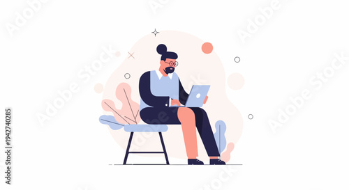 Abstract illustration of a person working on a laptop on a stool