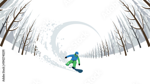Winter adventure: snowboarder in snowy forest landscape