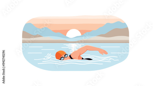 Swimmer in serene lake at sunrise with mountain view