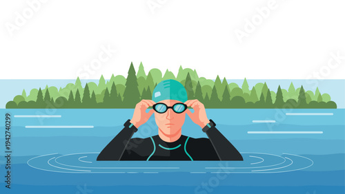 Triathlete preparing for athletic swim in scenic lake view landscape