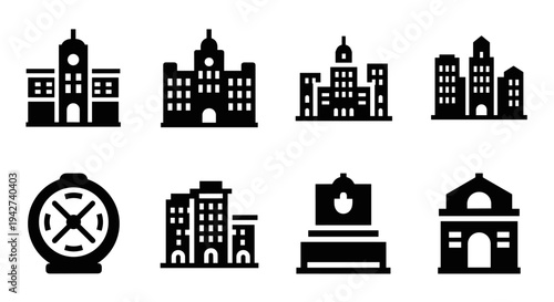 Set of solid urban building icons for city design projects